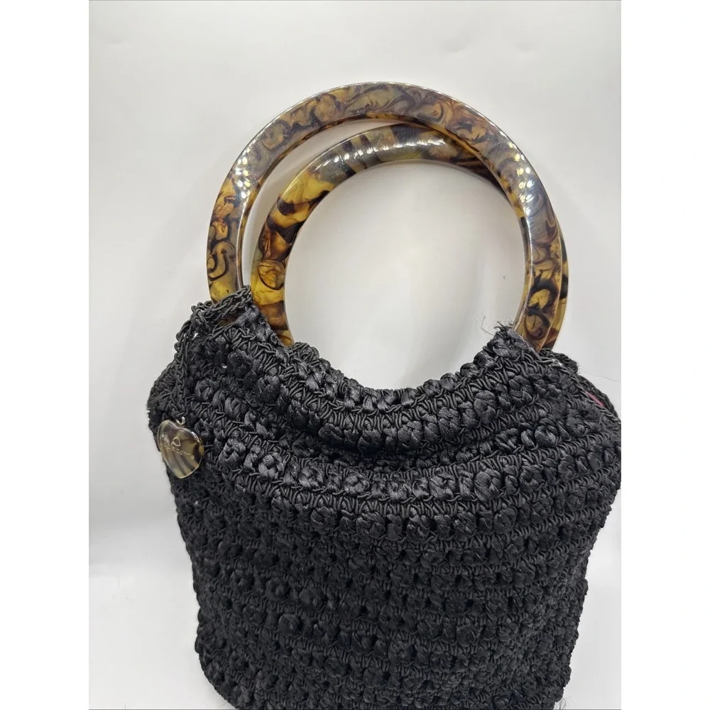 Vintage Black Crochet Liz Claiborne Purse Plastic Wood Color Handle